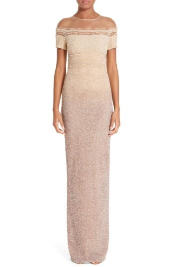 Women's Pamella Roland Signature Sequin Column Gown - Beige