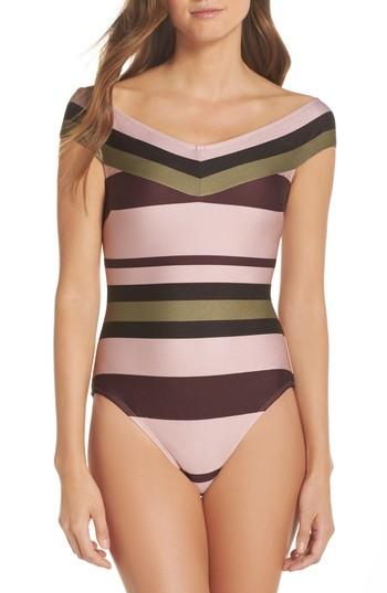 Women's Ted Baker London Imperial Stripe Bardot One-piece Swimsuit - Pink
