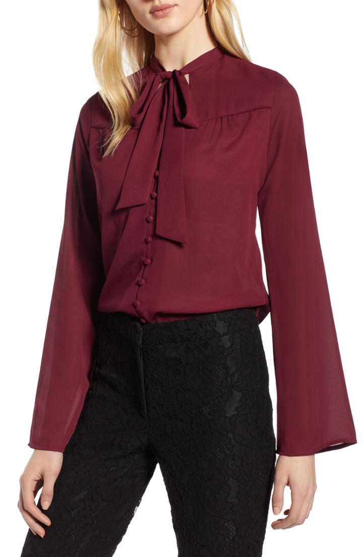 Women's Halogen Tie Neck Blouse - Burgundy