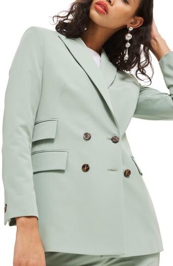 Women's Topshop Longline Double Breasted Suit Jacket Us (fits Like 0) - Green