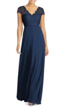 Women's Dessy Collection Cap Sleeve Lace & Chiffon Gown - Blue