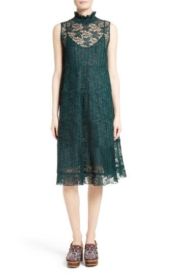 Women's See By Chloe Lace Ruffle Neck Dress Us / 38 Fr - Green