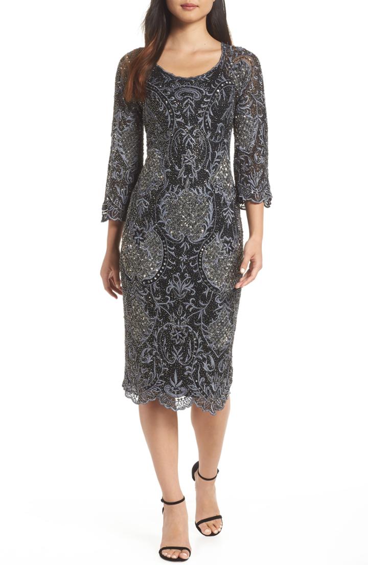Women's Pisarro Nights Embroidered Scallop Edge Midi Sheath Dress