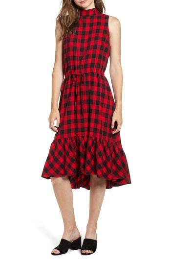 Women's Bp. Ruffle Hem Plaid Midi Dress, Size - Red