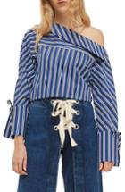 Women's Topshop Bardot Fold Neck Stripe Shirt Us (fits Like 6-8) - Blue