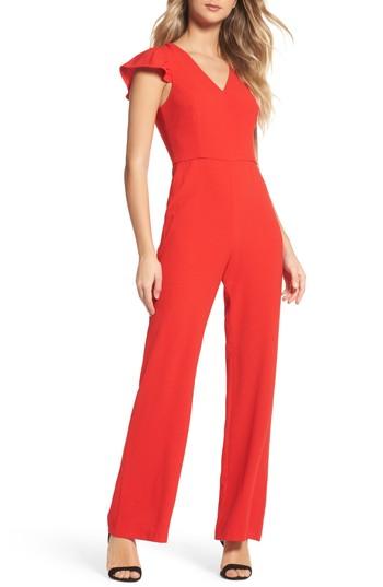 Women's Charles Henry Ruffle Sleeve Jumpsuit - Red