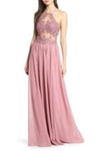 Women's Blondie Nites Embroidered Illusion Halter Bodice Evening Dress - Pink