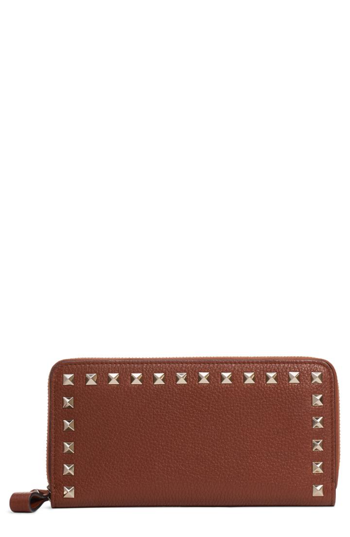 Women's Valentino Garavani Rockstud Zip Around Leather Continental Wallet - Brown
