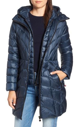 Women's Bernardo Glossy Quilted Walker Coat, Size - Blue