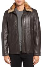 Men's Marc New York Lambskin Leather Jacket With Genuine Rabbit Fur Trim, Size - Brown