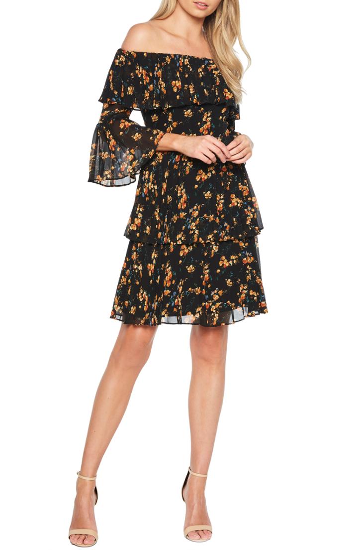 Women's Bardot Ditsy Pleated Off The Shoulder Dress - Black