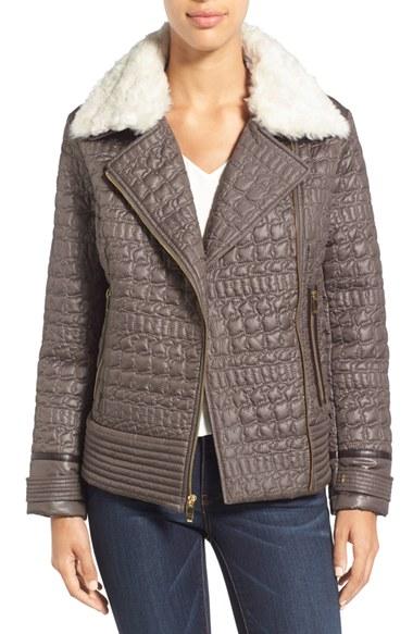 Women's Via Spiga Detachable Faux Fur Collar Quilted Moto Jacket - Grey