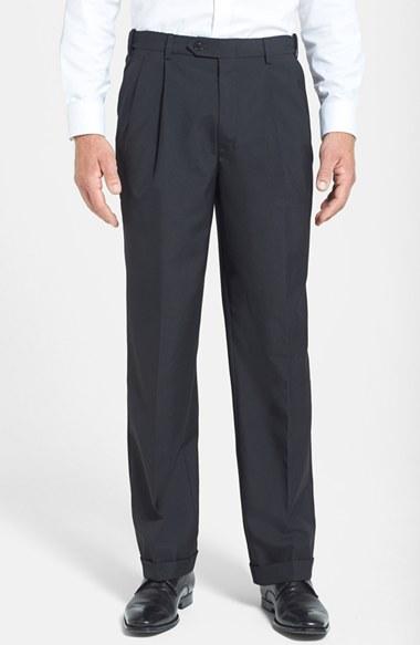 Men's Berle Self Sizer Waist Pleated Wool Gabardine Trousers X Unhemmed - Black