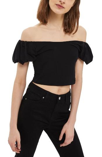 Women's Topshop Bubble Off The Shoulder Crop Top Us (fits Like 0) - Black