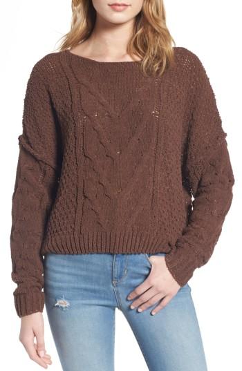 Women's Woven Heart Cable Knit Sweater - Brown