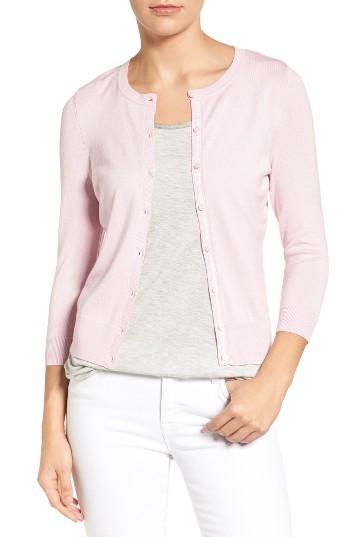 Women's Halogen Three Quarter Sleeve Crewneck Cardigan, Size - Purple