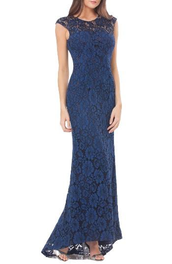 Women's Carmen Marc Valvo Infusion Lace Gown With Train - Blue