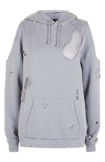 Women's Topshop Distressed Cold Shoulder Hoodie Us (fits Like 0-2) - Blue