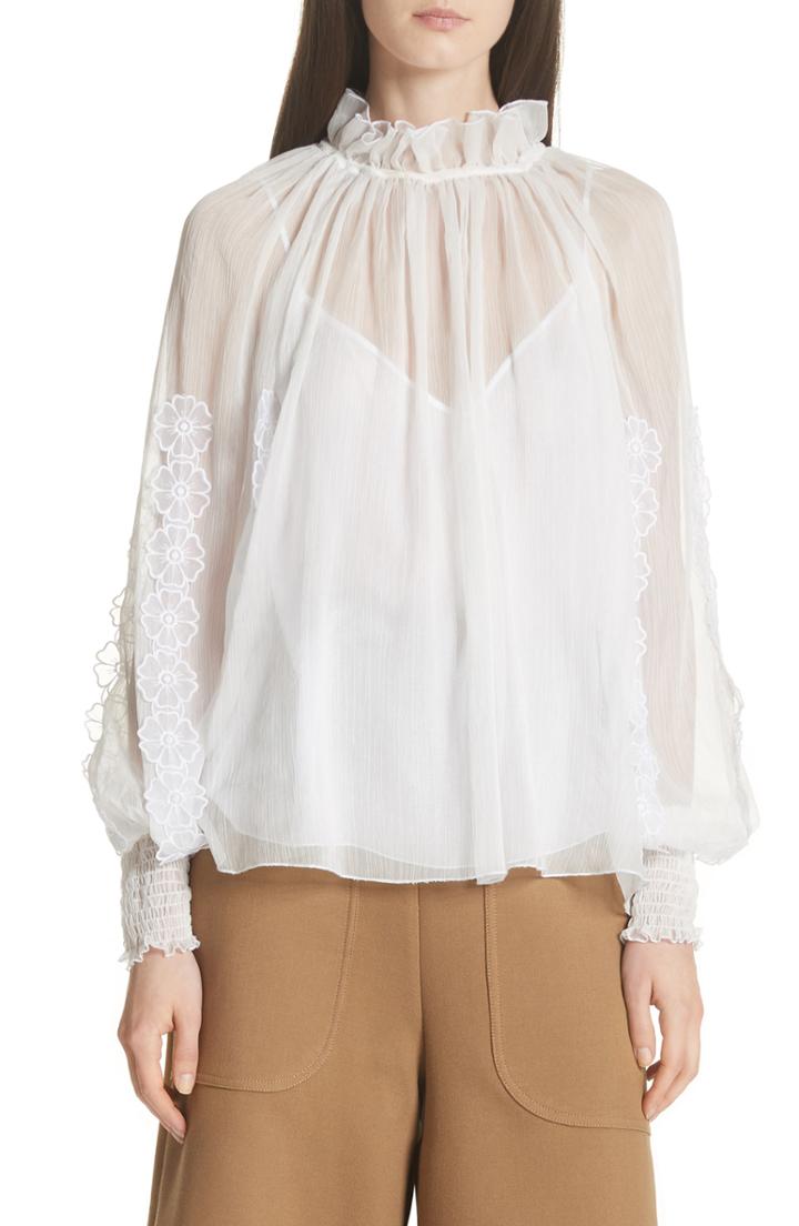 Women's See By Chloe Floral Applique Puff Sleeve Blouse Us / 36 Fr - White
