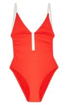 Women's Topshop Pamela Button Ribbed One-piece Swimsuit Us (fits Like 0) - Red