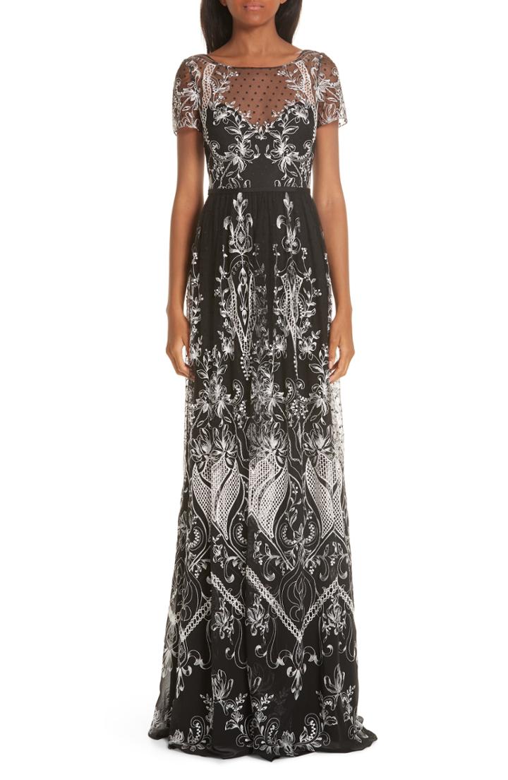Women's Marchesa Notte Embroidered Swiss Dot Tulle Gown - Black