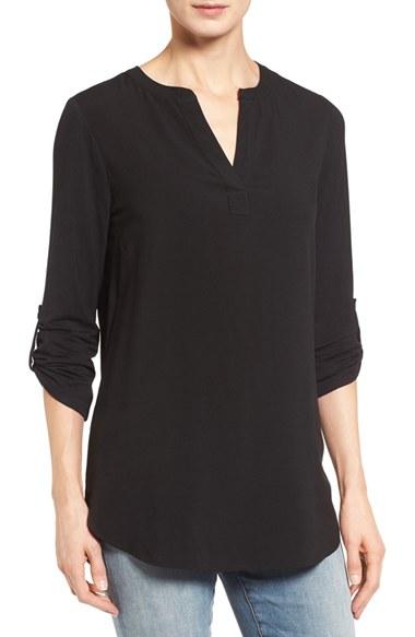 Women's Pleione Split Neck Roll Sleeve Tunic - Black