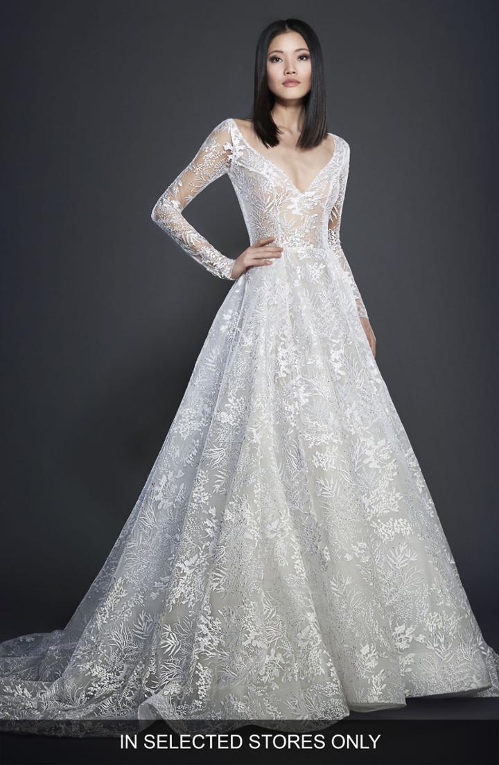 Women's Lazaro Embroidered Long Sleeve Ballgown, Size In Store Only - Ivory