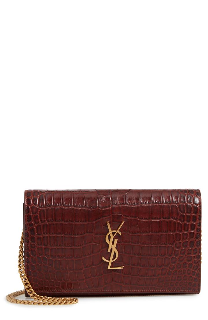 Women's Saint Laurent Kate Croc Embossed Leather Wallet On A Chain -