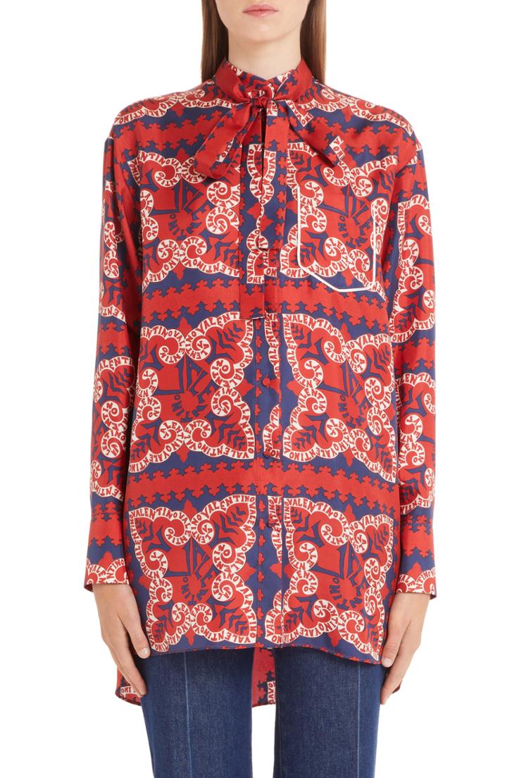Women's Valentino Bandana Print Silk Twill Blouse - Red