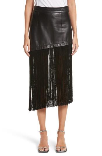 Women's Helmut Lang Fringe Hem Leather Miniskirt - Black