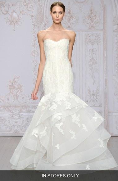 Women's Monique Lhuillier 'saffron' Strapless Lace & Organza Mermaid Gown