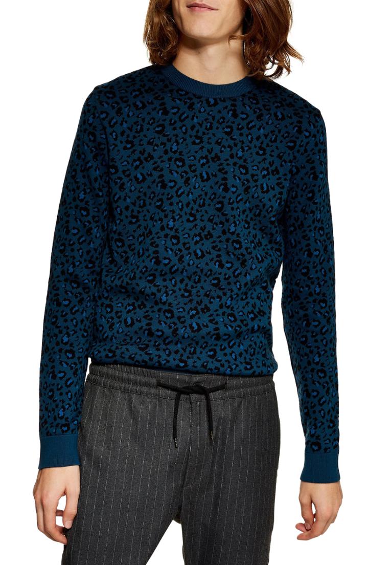 Men's Topman Leopard Spot Crewneck Sweater - Blue