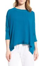 Women's Eileen Fisher Knit Trim Boxy Silk Poncho Top, Size - Blue/green