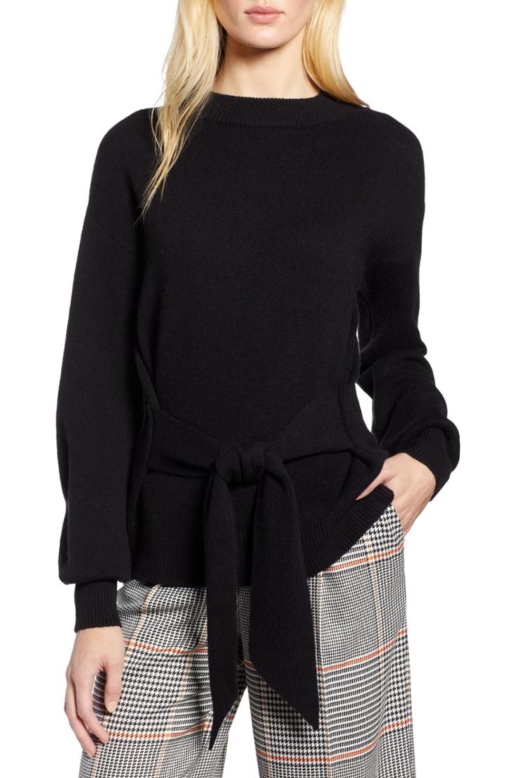 Women's Halogen X Atlantic-pacific Wool And Cashmere Blend Tie Sweater, Size - Black