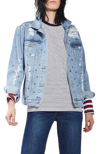 Women's Topshop Studded Distressed Denim Jacket Us (fits Like 6-8) - Blue