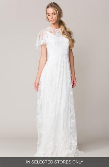 Women's Sarah Seven Calais Flutter Sleeve Lace A-line Gown, Size - White