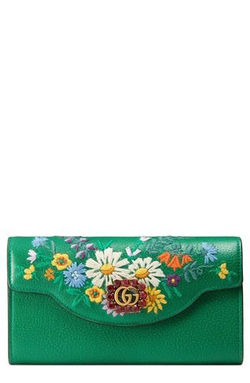 Women's Gucci Ricamo Fiori Floral Embroidered Continental Wallet - Green