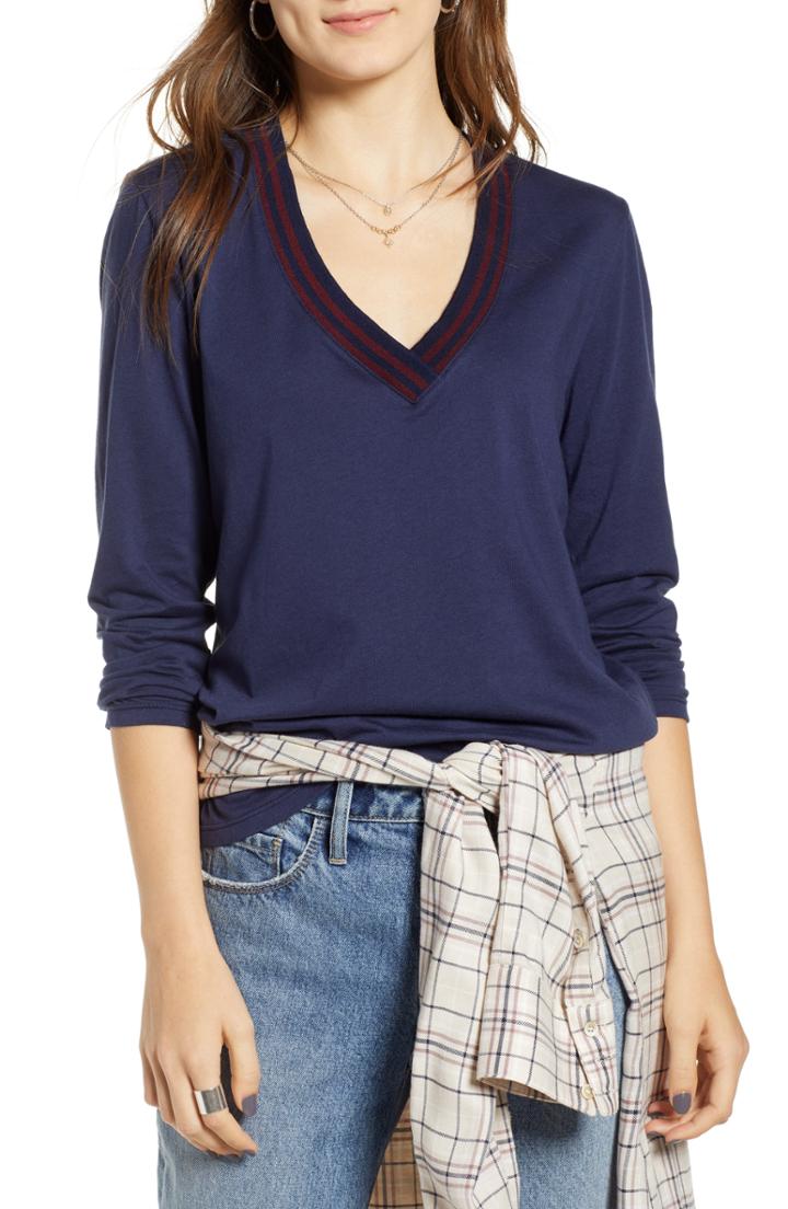 Women's Treasure & Bond Stripe Trim V-neck Tee - Blue