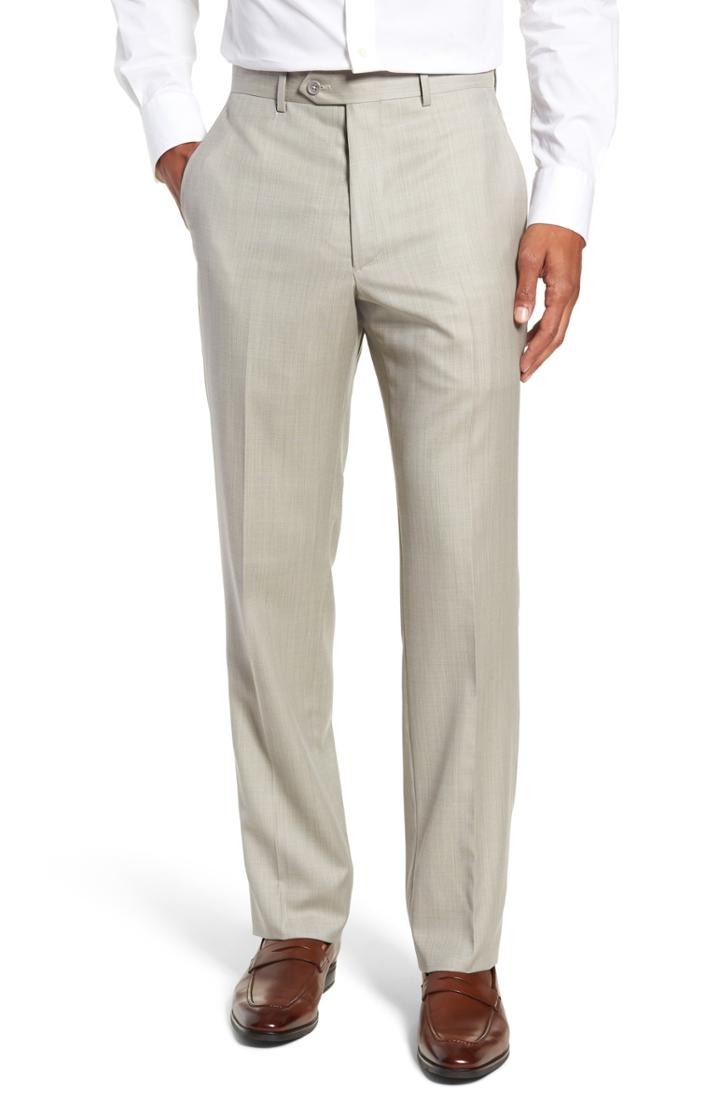 Men's Santorelli Flat Front Sharkskin Wool Trousers - Beige