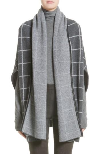 Women's St. John Collection Leather Trim Windowpane Felted Wool Blend Cardigan - Grey