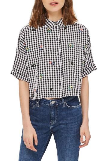 Women's Topshop Kady Embroidered Gingham Shirt Us (fits Like 6-8) - Black