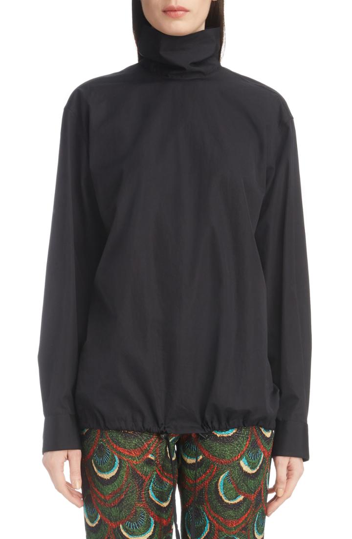 Women's Dries Van Noten Drawstring Hem Poplin Turtleneck Us / 40 Fr - Black