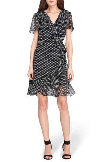 Women's Tahari Polka Dot Faux Wrap Ruffle Dress - Black