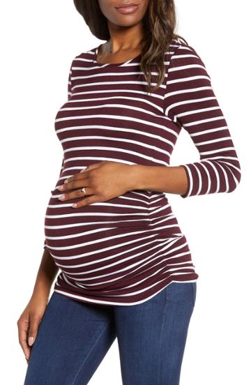 Women's Baby Moon Becky Stripe Maternity Top - Burgundy