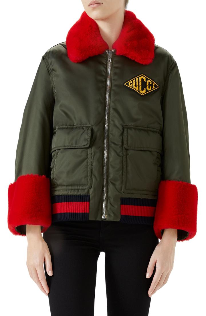 Women's Gucci Faux Fur Trim Nylon Flight Jacket Us / 44 It - Green