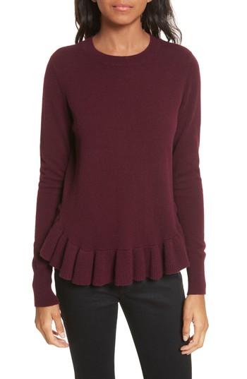 Women's Autumn Cashmere Ruffle Hem Crewneck Sweater - Burgundy