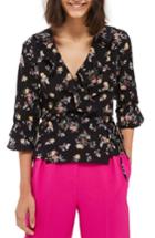 Women's Topshop Floral Ruffle Wrap Top Us (fits Like 0) - Black