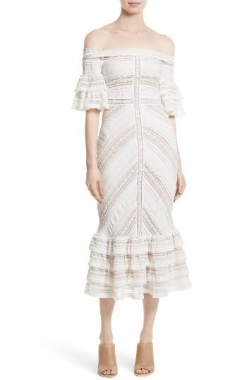 Women's Cinq A Sept Stretch Lace Off The Shoulder Midi Dress - Ivory