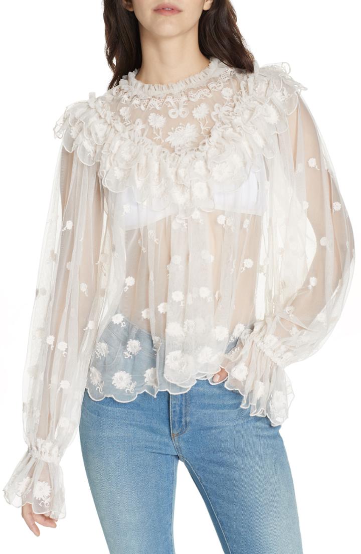 Women's Ulla Johnson Lucien Embroidered Tulle Blouse - White