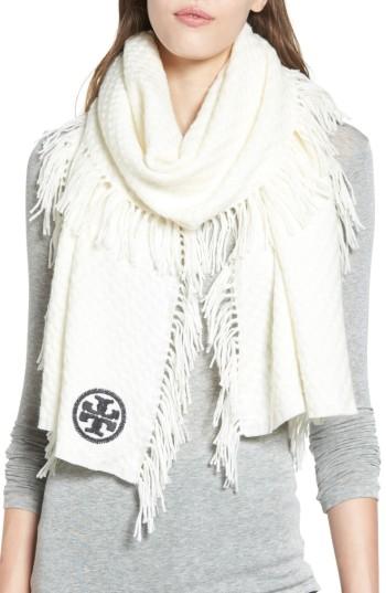 Women's Tory Burch Fringe Merino Wool Scarf, Size - White